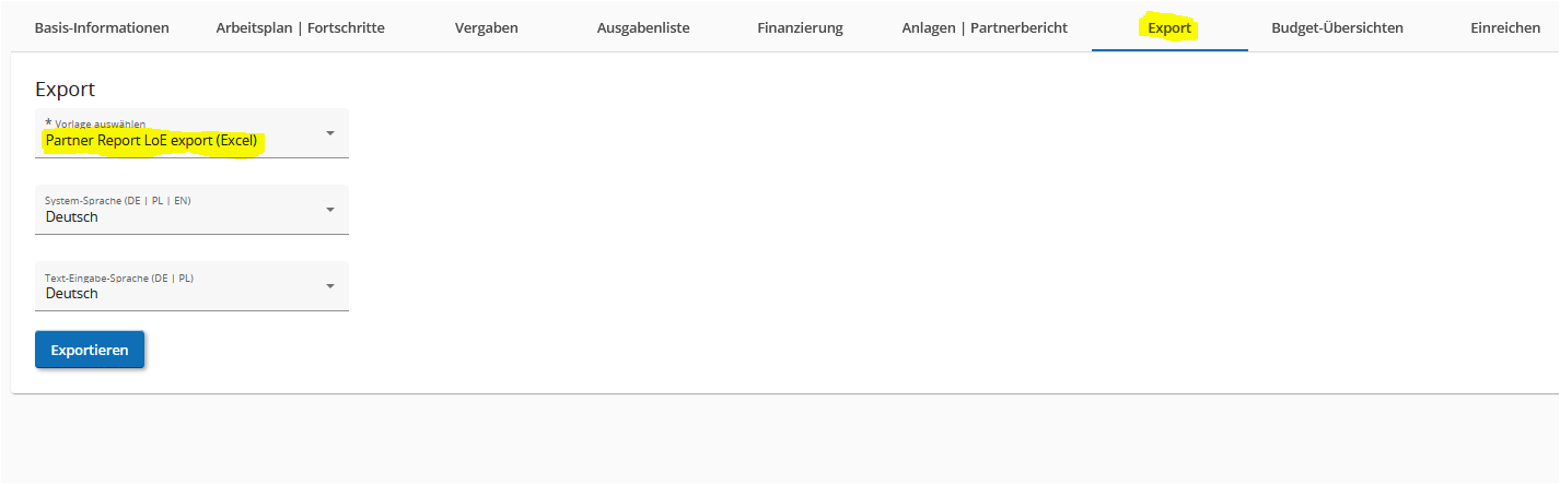Aufbau Partnerbericht – Export